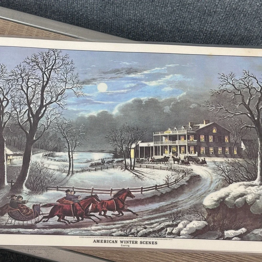 VTG Currier & Ives American Winter Scenes Reversible Set of 8 Holiday Placemats